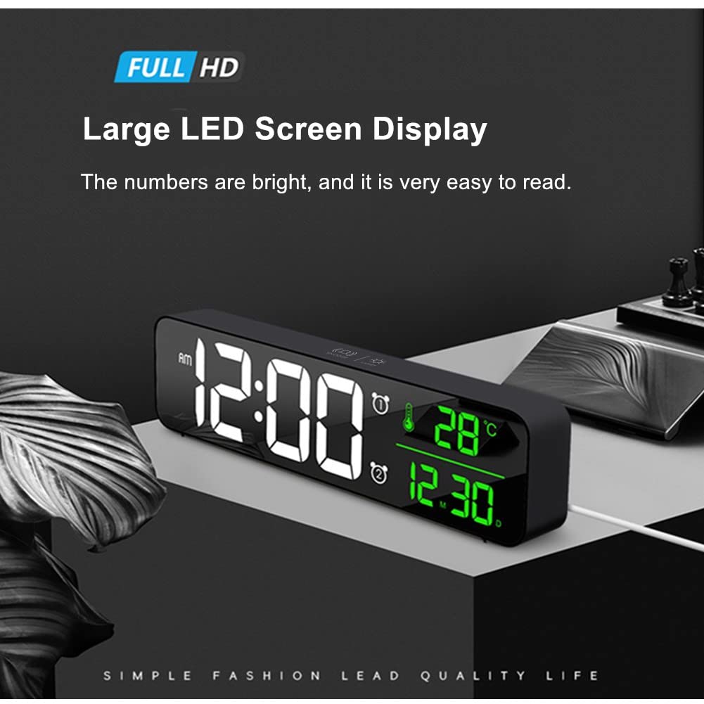 Digital Clock Large Display, Alarm Clock for Living Room Office Bedroom Decor, LED Corded Electric, Date Temp Display Wall Clock, Automatic Brightness Dimmer Smart Cool Modern Desk Accessories Black