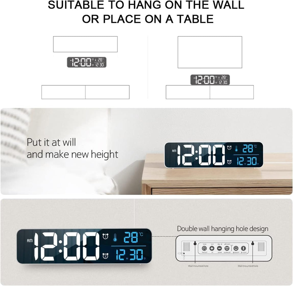 Digital Clock Large Display, Alarm Clock for Living Room Office Bedroom Decor, LED Corded Electric, Date Temp Display Wall Clock, Automatic Brightness Dimmer Smart Cool Modern Desk Accessories Black