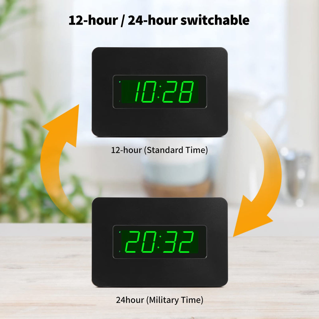 Timegyro Digital Wall Clock Battery Operated with LED Display, Wall Clock with Backlight, Table-top, Alarm, Brightness Adjustable,12/24Hr