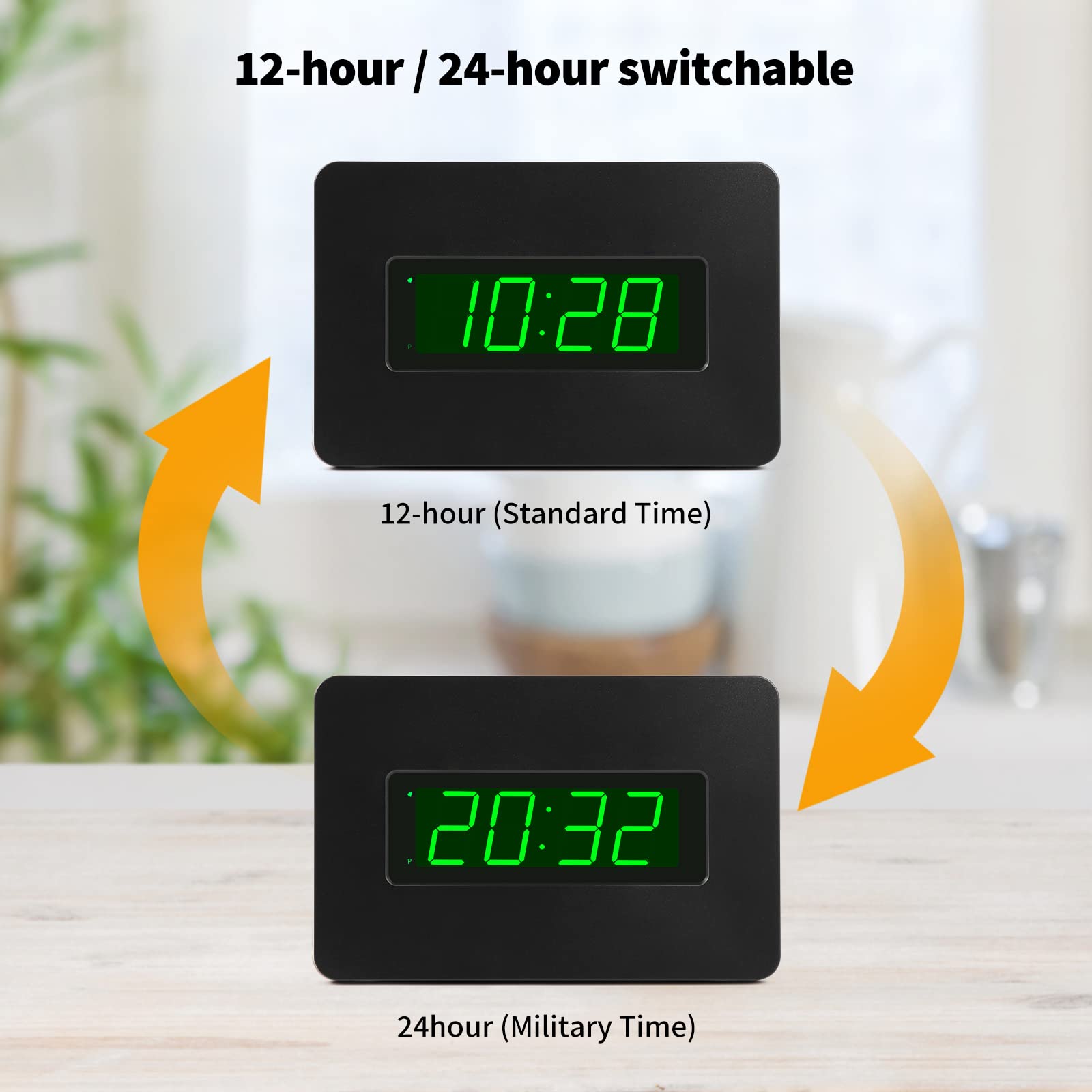 Timegyro Digital Wall Clock Battery Operated with LED Display, Wall Clock with Backlight, Table-top, Alarm, Brightness Adjustable,12/24Hr