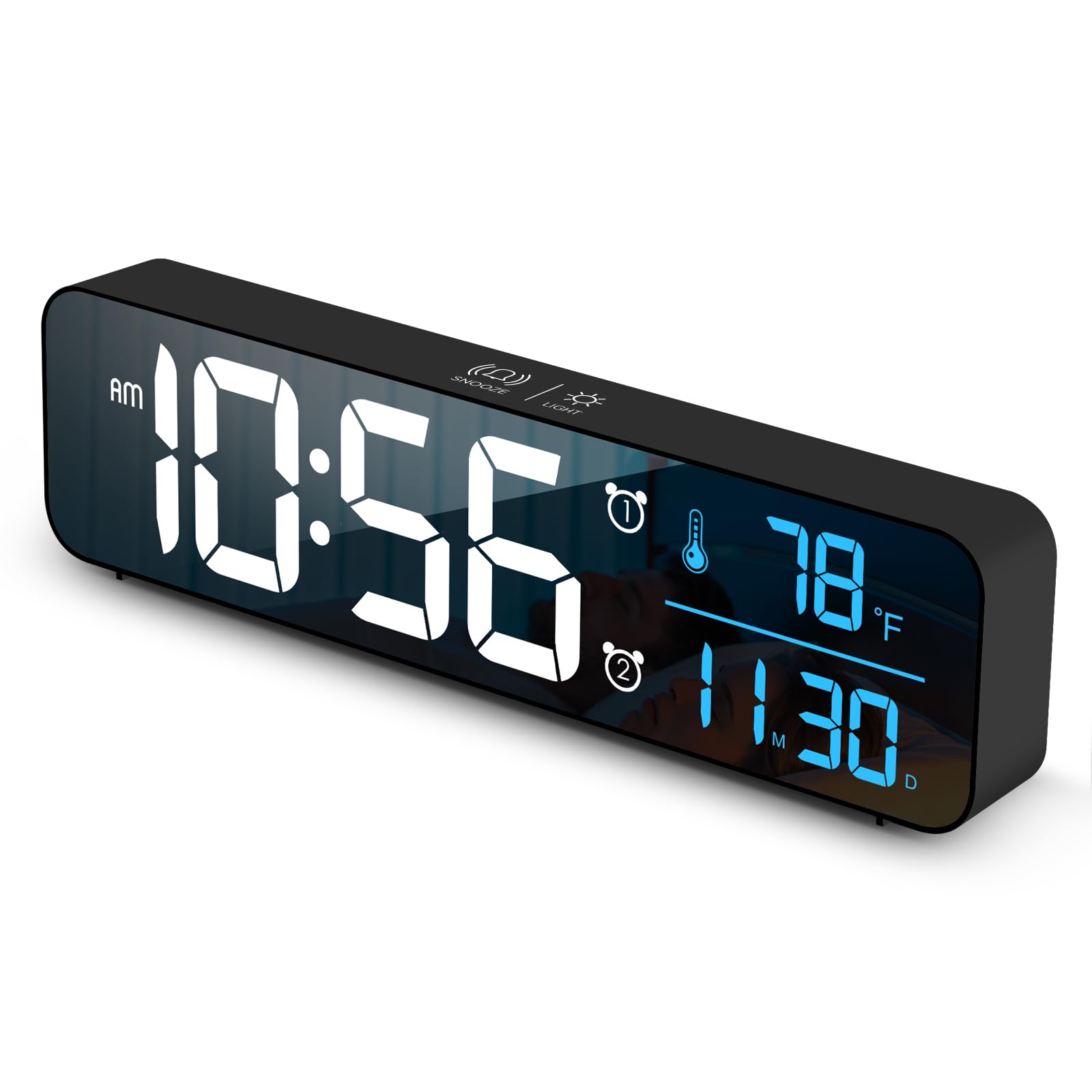 Digital Clock Large Display, Alarm Clock for Living Room Office Bedroom Decor, LED Corded Electric, Date Temp Display Wall Clock, Automatic Brightness Dimmer Smart Cool Modern Desk Accessories Black