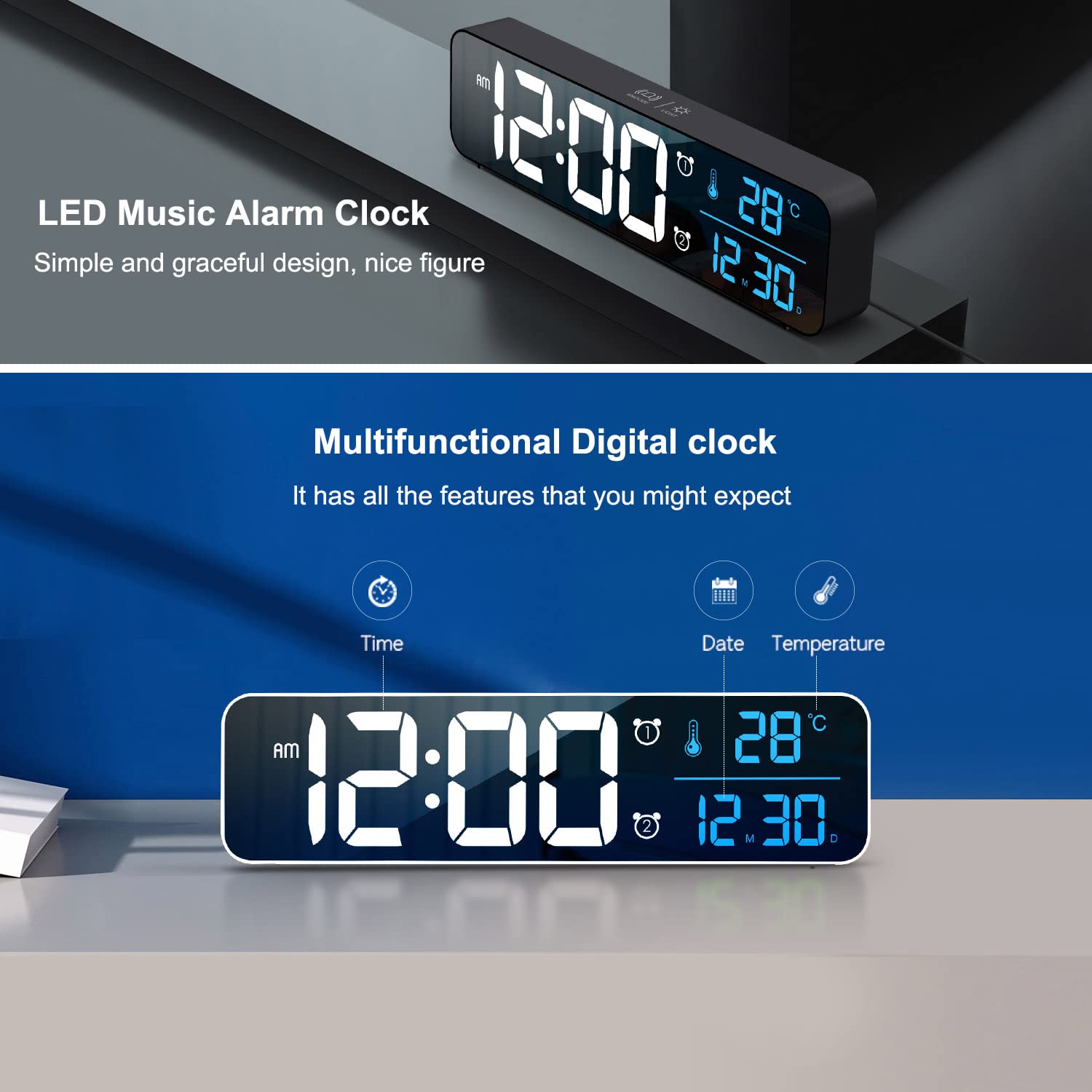Digital Clock Large Display, Alarm Clock for Living Room Office Bedroom Decor, LED Corded Electric, Date Temp Display Wall Clock, Automatic Brightness Dimmer Smart Cool Modern Desk Accessories Black