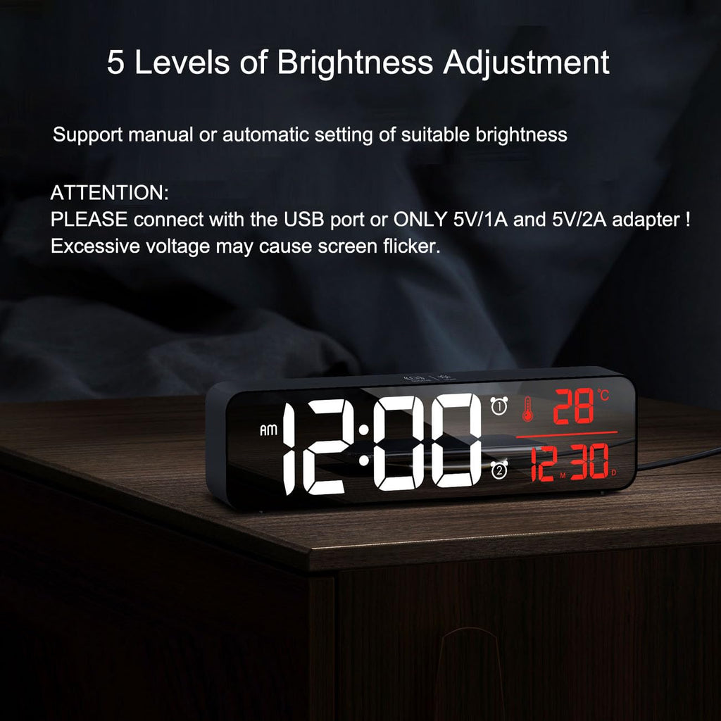 Digital Clock Large Display, Alarm Clock for Living Room Office Bedroom Decor, LED Corded Electric, Date Temp Display Wall Clock, Automatic Brightness Dimmer Smart Cool Modern Desk Accessories Black