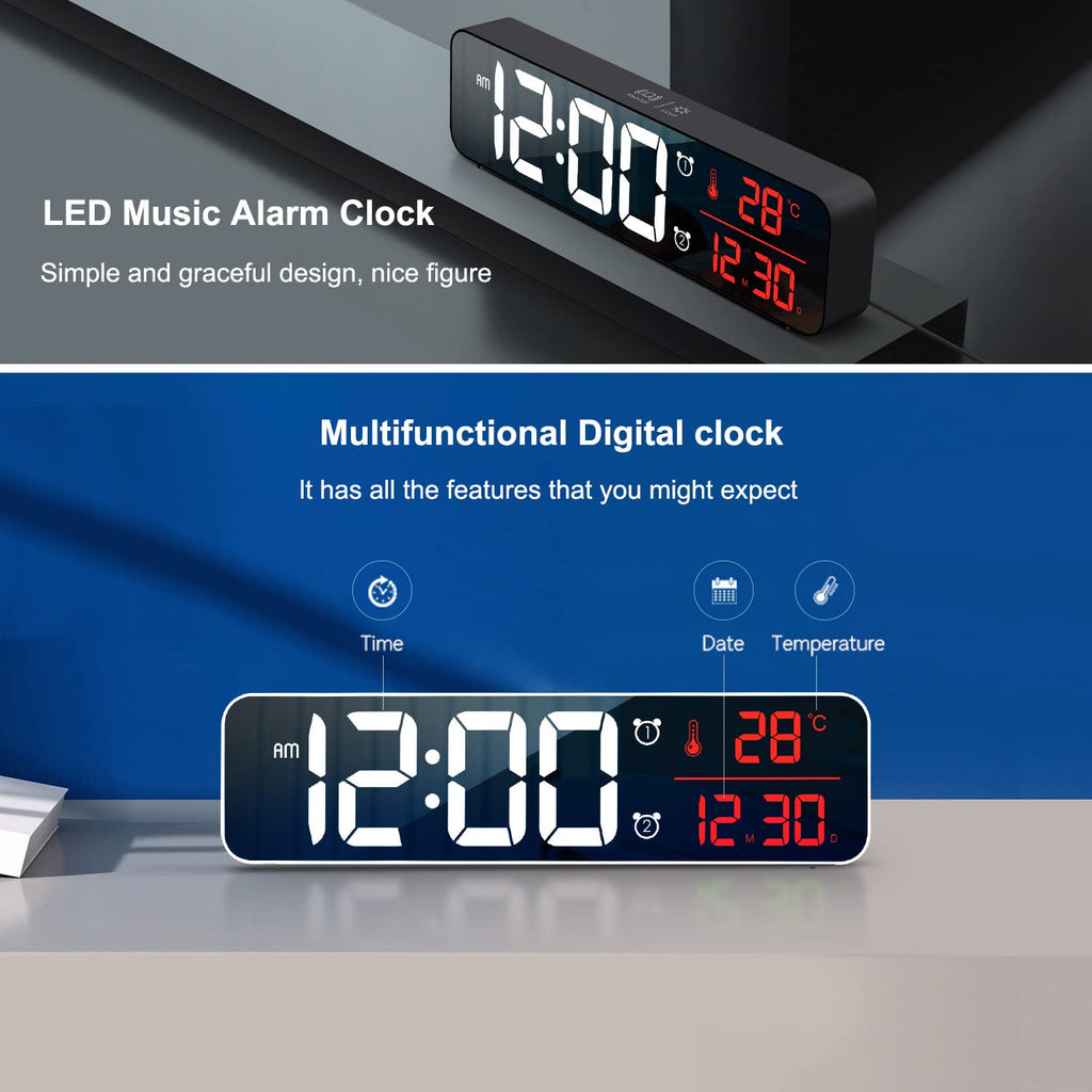 Digital Clock Large Display, Alarm Clock for Living Room Office Bedroom Decor, LED Corded Electric, Date Temp Display Wall Clock, Automatic Brightness Dimmer Smart Cool Modern Desk Accessories Black