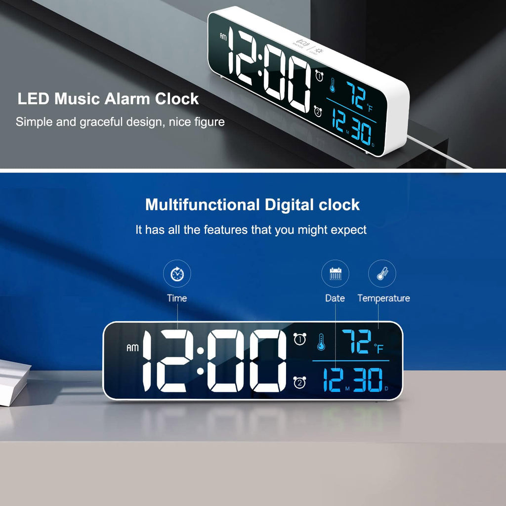 Digital Clock Large Display, Alarm Clock for Living Room Office Bedroom Decor, LED Corded Electric, Date Temp Display Wall Clock, Automatic Brightness Dimmer Smart Cool Modern Desk Accessories Black