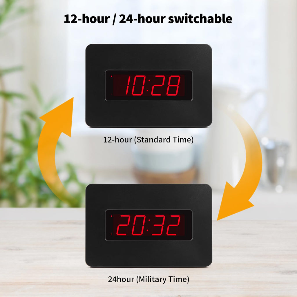 Timegyro Digital Wall Clock Battery Operated with LED Display, Wall Clock with Backlight, Table-top, Alarm, Brightness Adjustable,12/24Hr