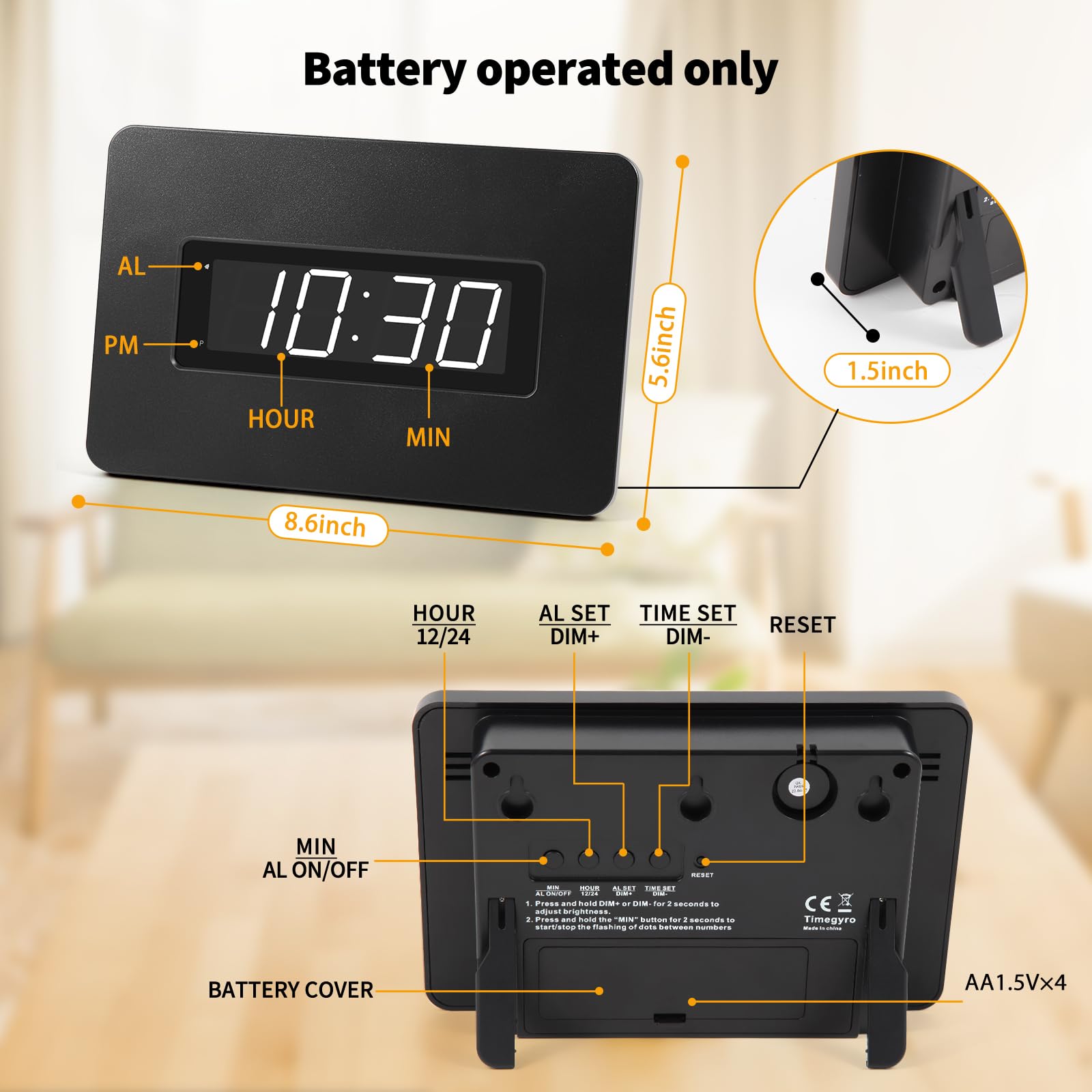 Timegyro Digital Wall Clock Battery Operated with LED Display, Wall Clock with Backlight, Table-top, Alarm, Brightness Adjustable,12/24Hr