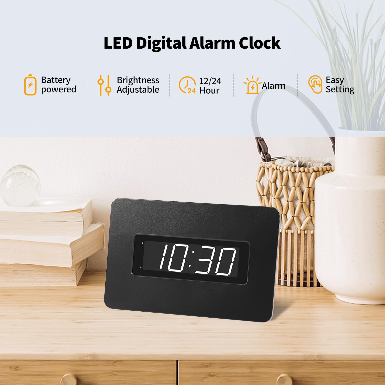 Timegyro Digital Wall Clock Battery Operated with LED Display, Wall Clock with Backlight, Table-top, Alarm, Brightness Adjustable,12/24Hr