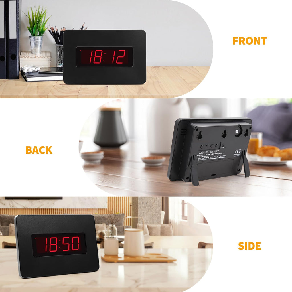 Timegyro Digital Wall Clock Battery Operated with LED Display, Wall Clock with Backlight, Table-top, Alarm, Brightness Adjustable,12/24Hr