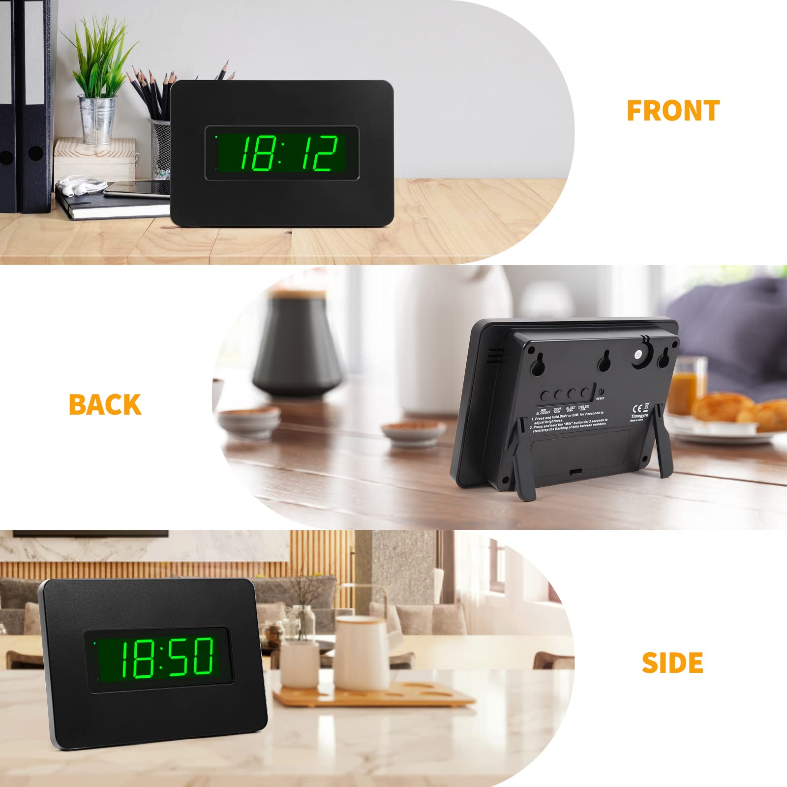 Timegyro Digital Wall Clock Battery Operated with LED Display, Wall Clock with Backlight, Table-top, Alarm, Brightness Adjustable,12/24Hr